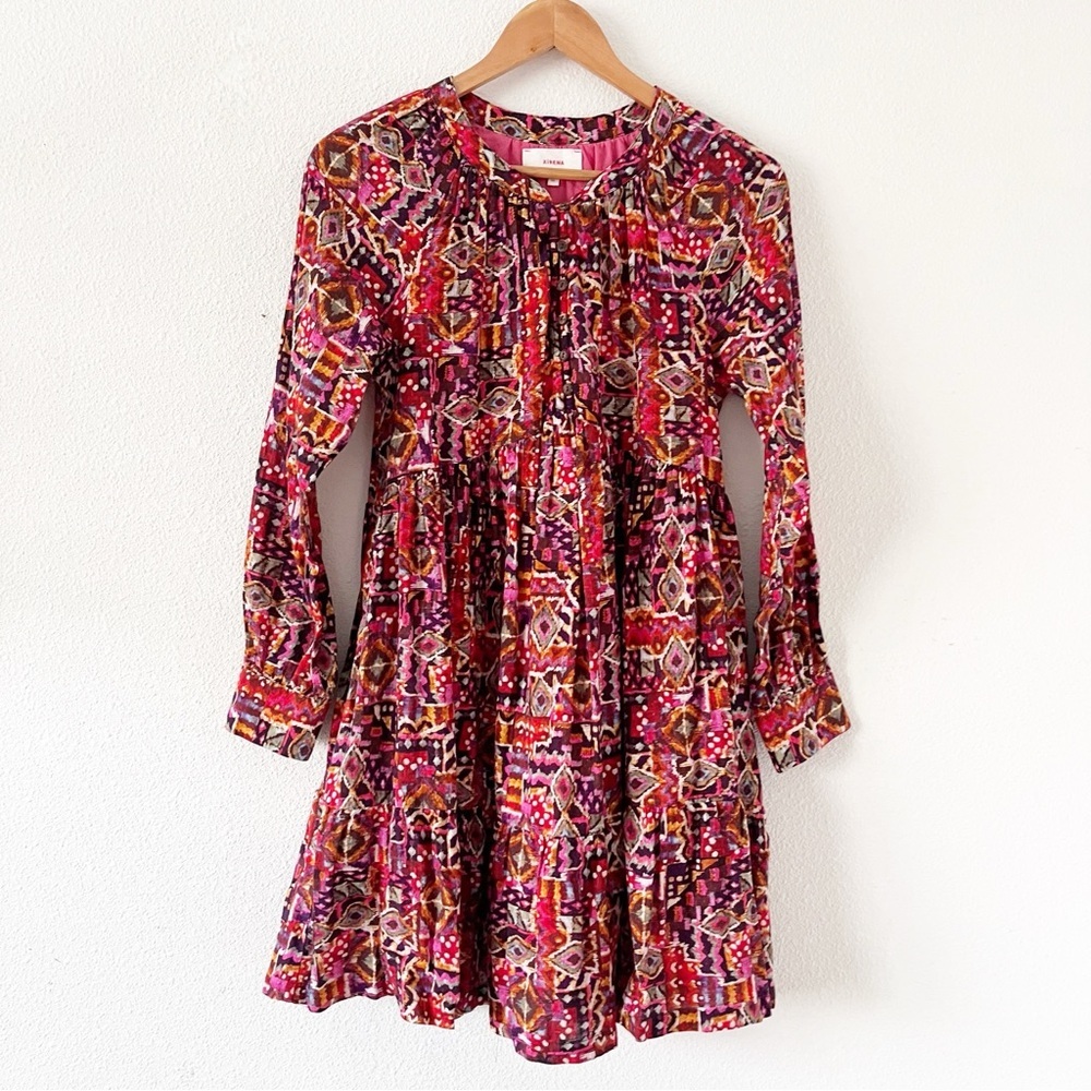Xirena Lilith Pink Abstract Mini Dress Cotton V-Neck Button Front Boho - Picture 2 of 8